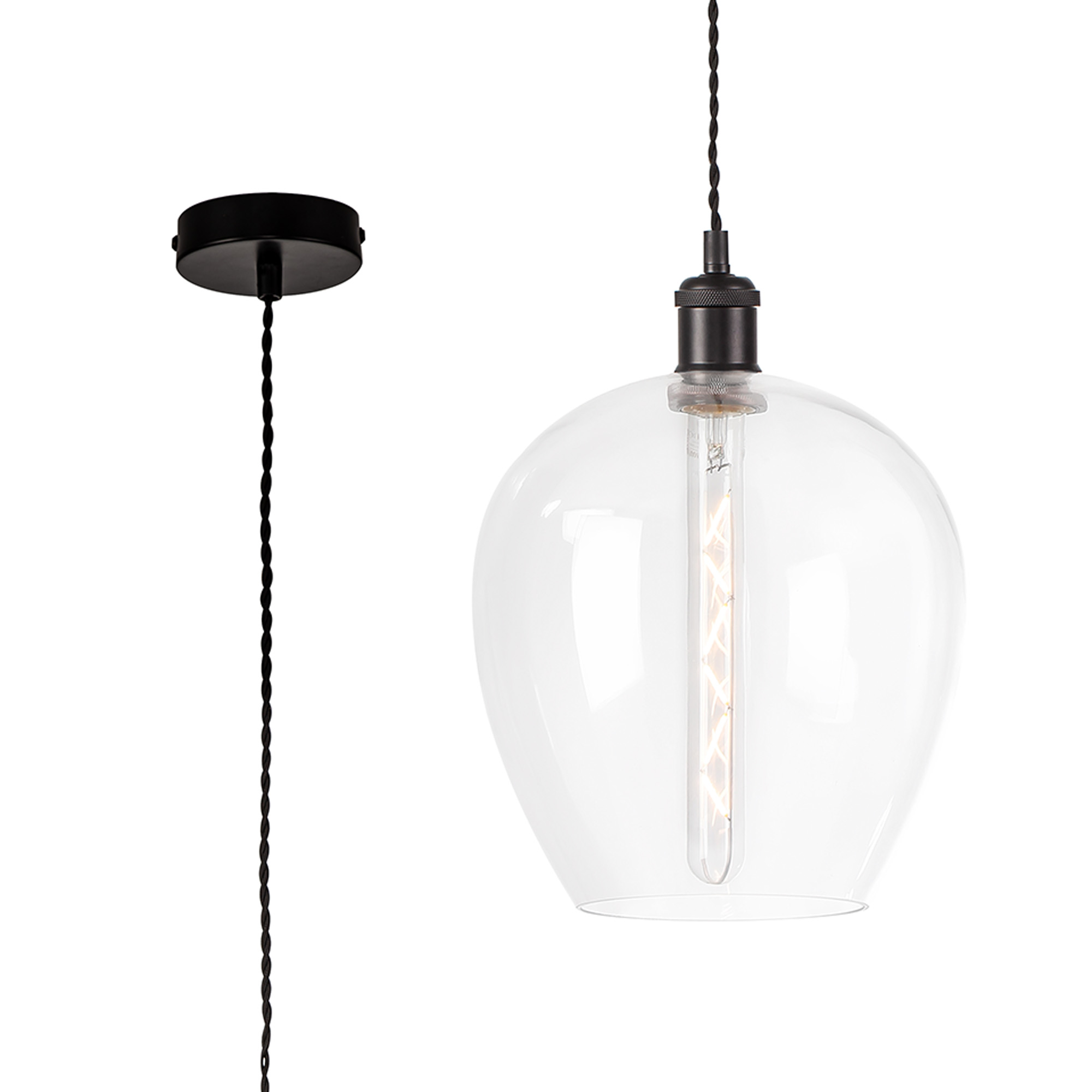 Cawdor Single Pendant, 1 Light E27, Matt Black/Black/Clear Wine Glass